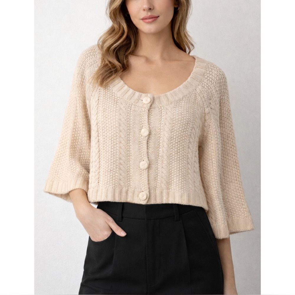 THEORY | 100% Cashmere Aran Cable Knit Cardigan Sweater in Cream, Size Large
